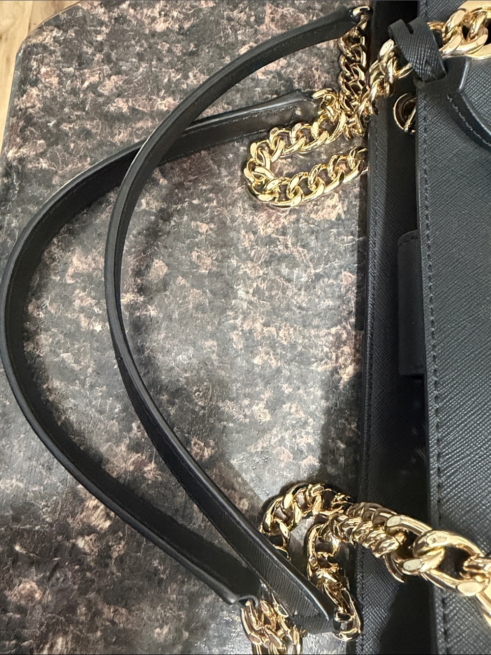 Michael Kors Black Leather Tote with Gold Chain Straps - Picture 7 of 11